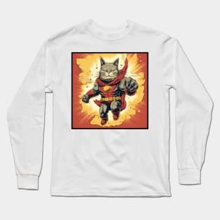 Superhero Cat Funny Cartoon Vintage Cat Superhero Drawing Long Sleeve T-Shirt